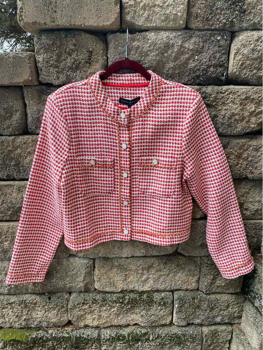 Red and white tweed blazer with gold buttons and two front flap pockets, large size.
