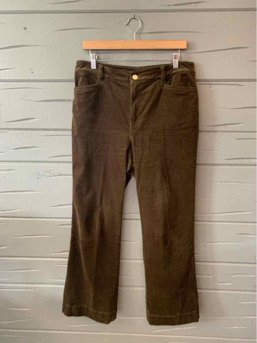 Brown straight-leg corduroy pants with front pockets and brass button closure, size 10P.