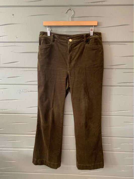 Brown straight-leg corduroy pants with front pockets and brass button closure, size 10P.