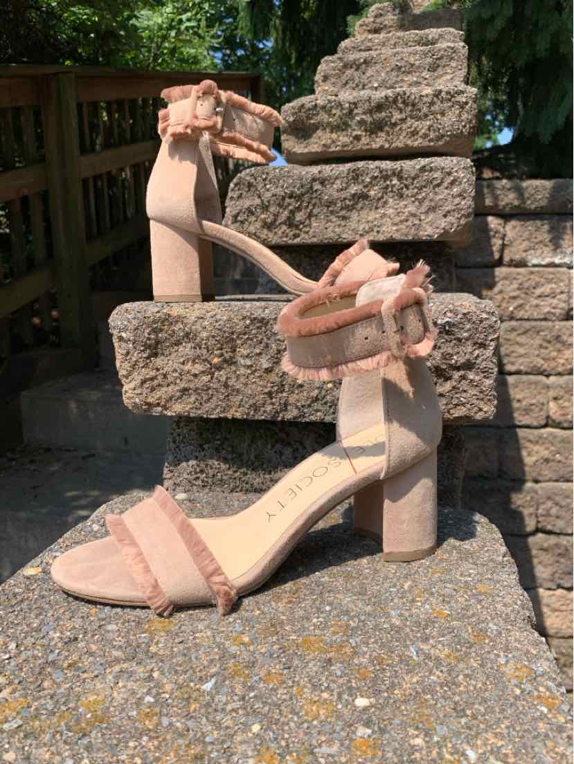 Taupe block heel sandal with ankle strap and fringe detail on the front strap, size 7.