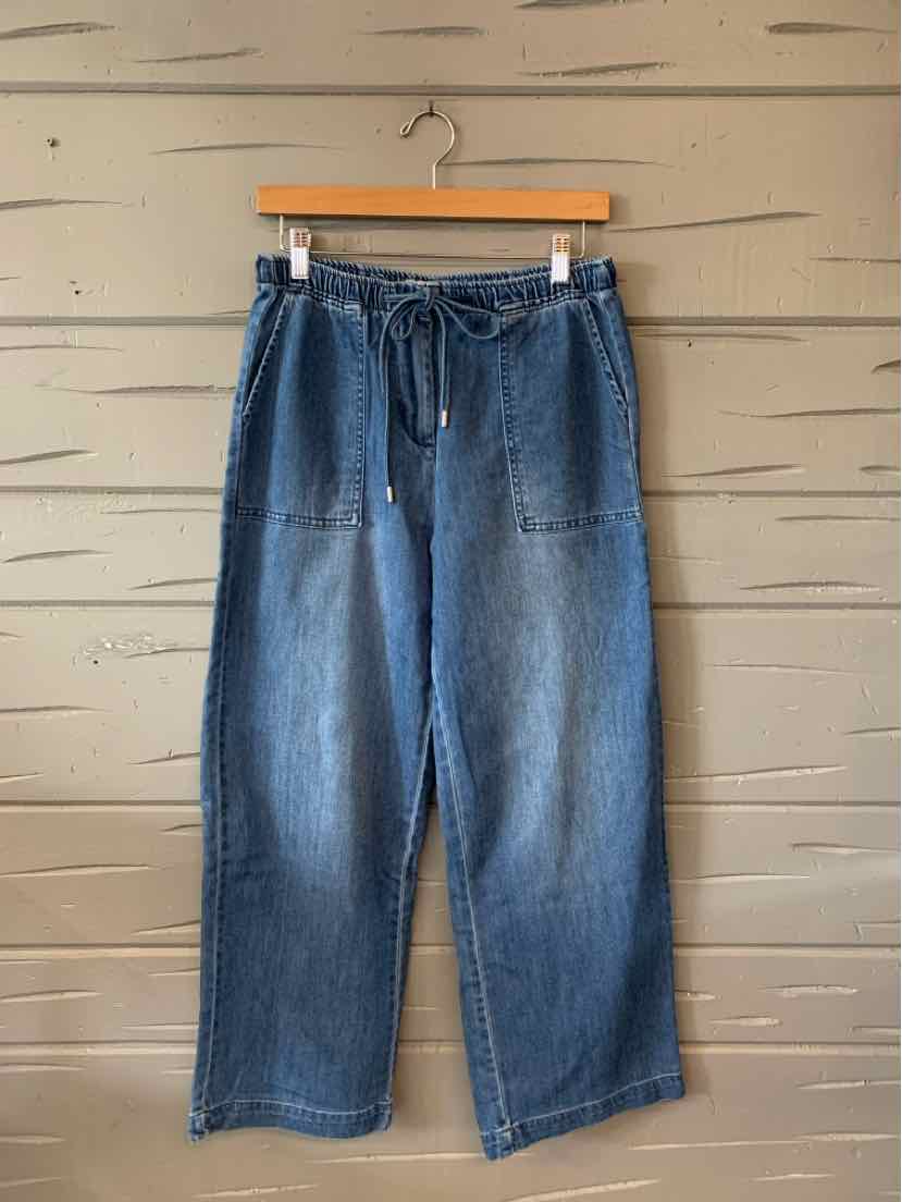Wide-leg blue denim pants with drawstring waist and front patch pockets, size 4.