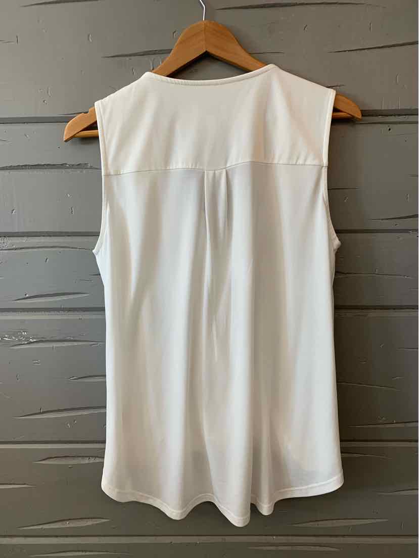 White sleeveless top with a relaxed fit and a seam detail across the upper back.