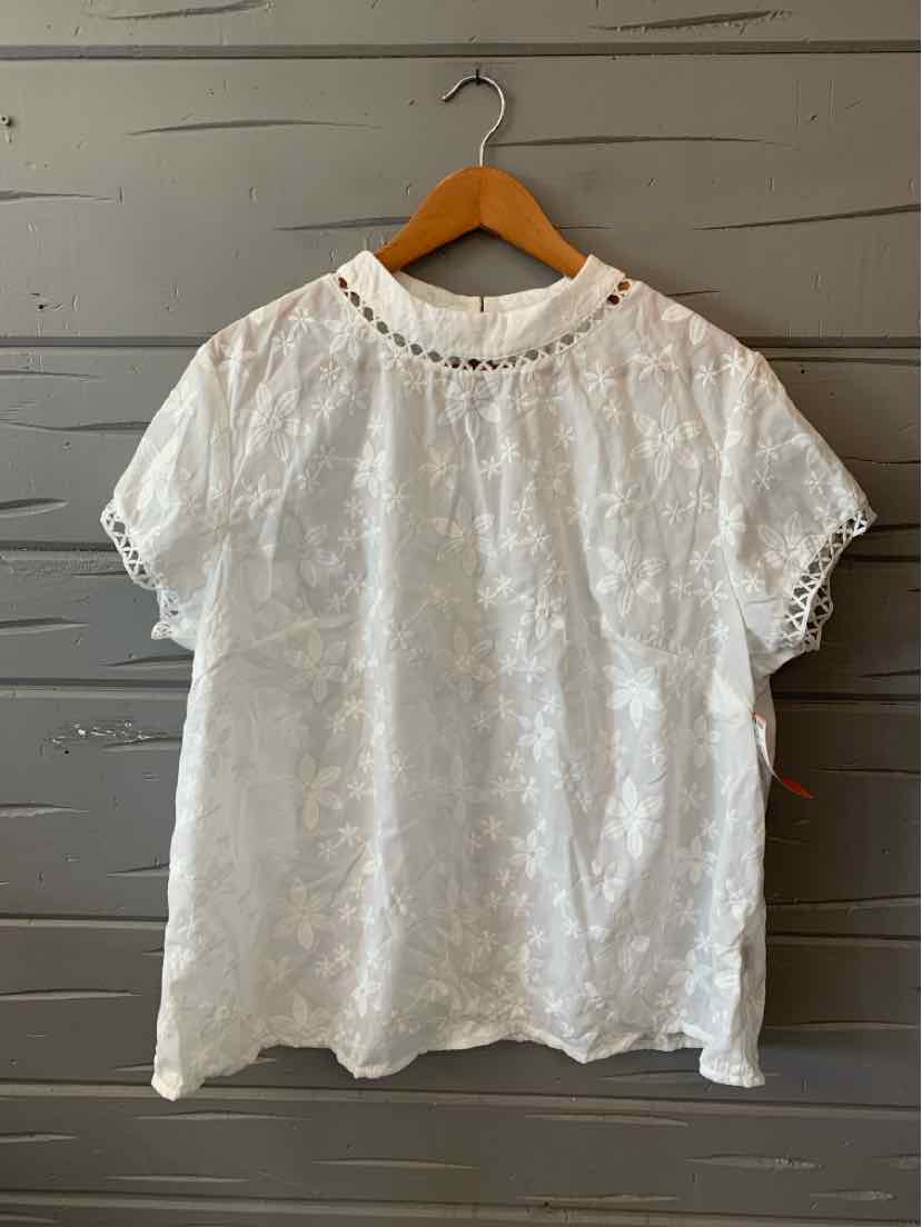 White lace short-sleeve blouse with scalloped edges and delicate floral pattern.