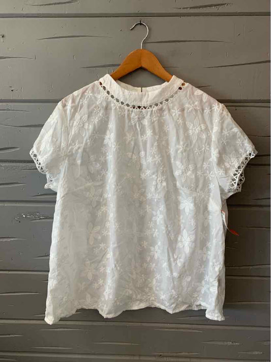 White lace short-sleeve blouse with scalloped edges and delicate floral pattern.