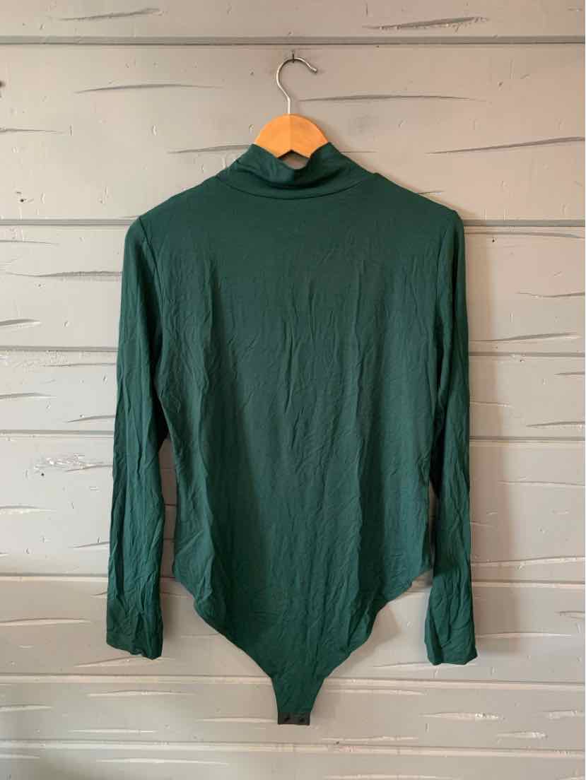 Forest green long-sleeve turtleneck bodysuit with a slim fit and textured fabric.