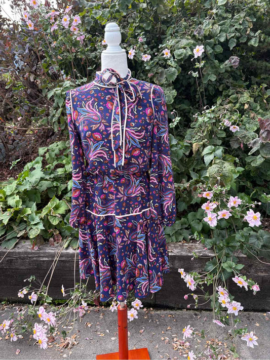 Women's paisley long-sleeve dress with tie neck and tiered skirt in pink and navy colors.