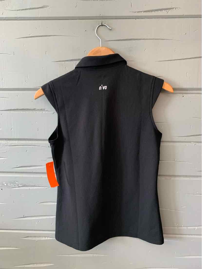 Black sleeveless vest with a high collar and subtle logo on the back, slim fit design.