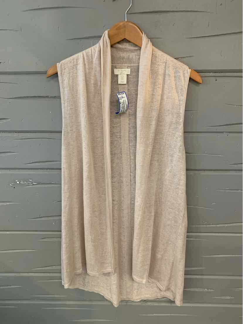 Beige sleeveless open-front knit vest with draped collar hanging on wooden hanger.