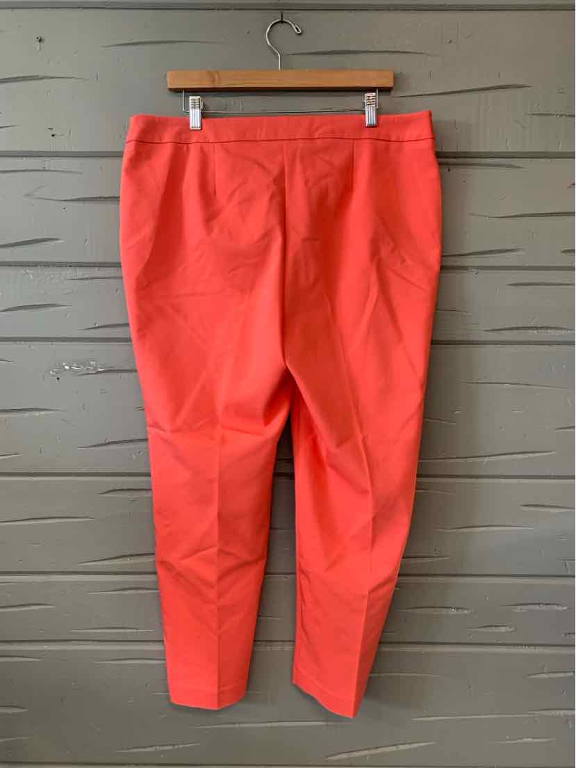 Coral solid straight-leg pants with front pockets, size 16/18, hanging on wooden hanger.