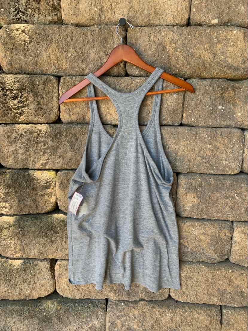 Gray sleeveless athletic tank top with racerback design, lightweight fabric, size large.