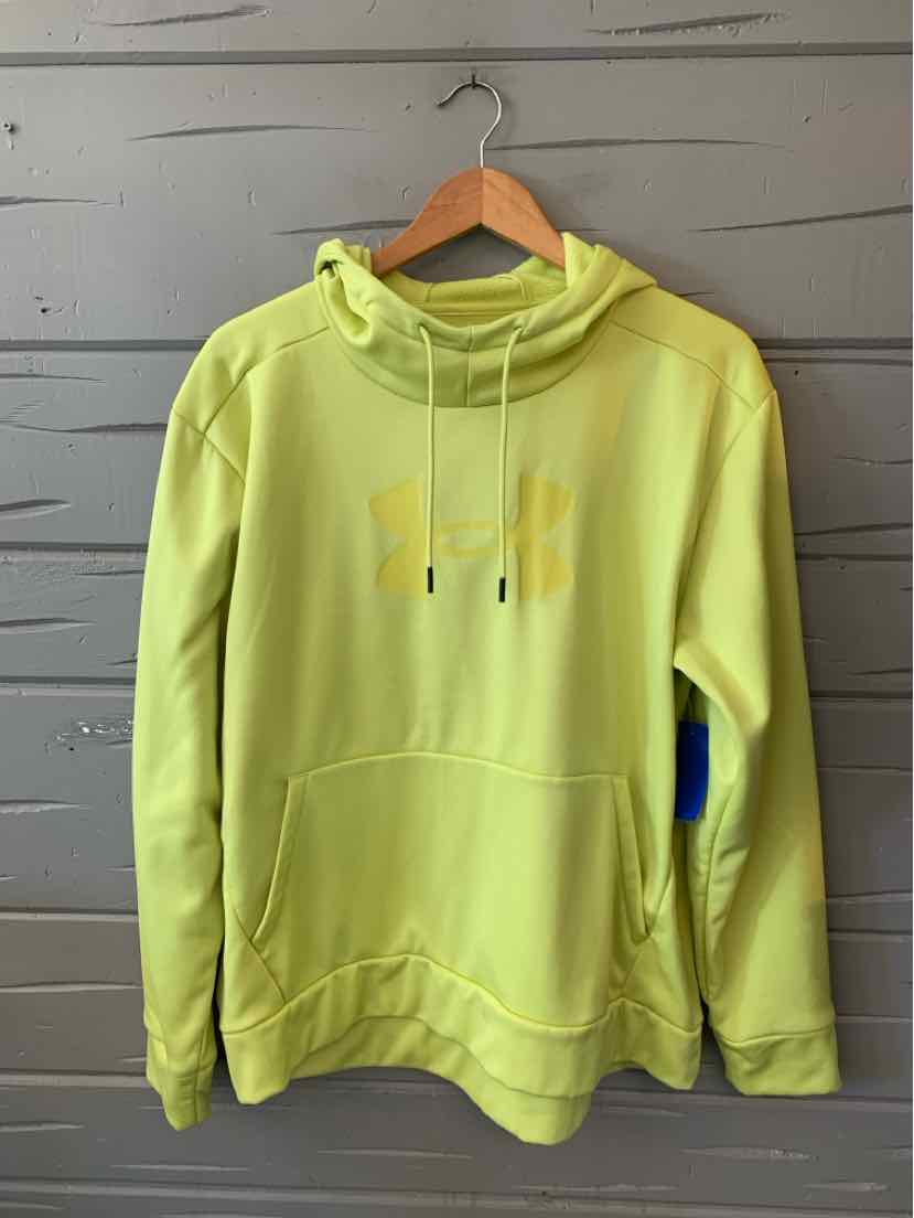 Bright neon yellow Under Armour pullover hoodie with drawstrings, a front kangaroo pocket, and long sleeves.