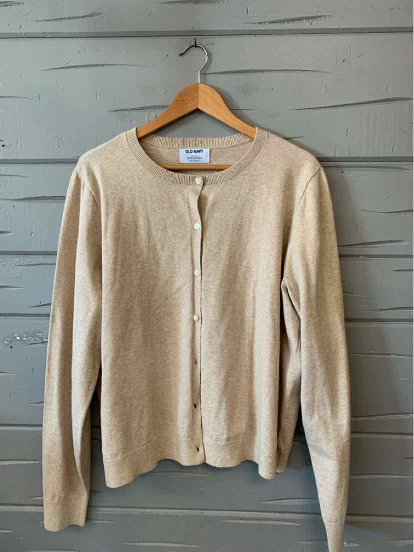 Tan long-sleeve button-up cardigan with round neckline and ribbed cuffs, size XLT.