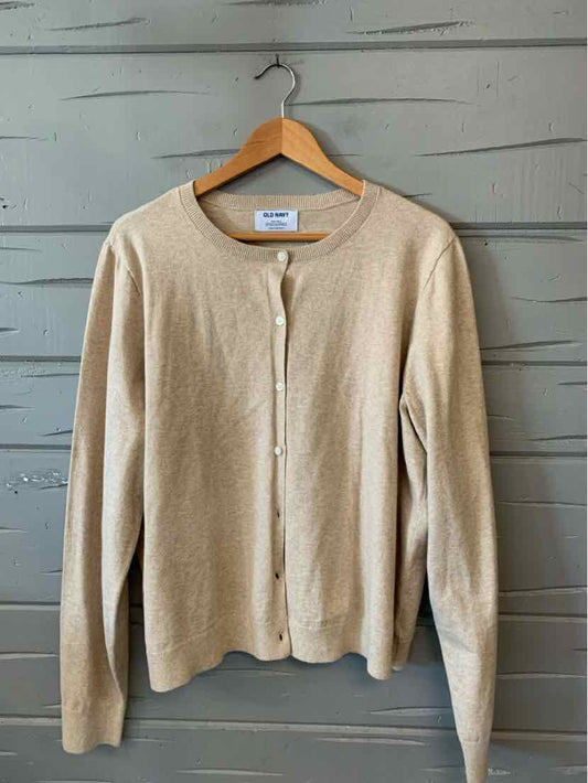 Tan long-sleeve button-up cardigan with round neckline and ribbed cuffs, size XLT.