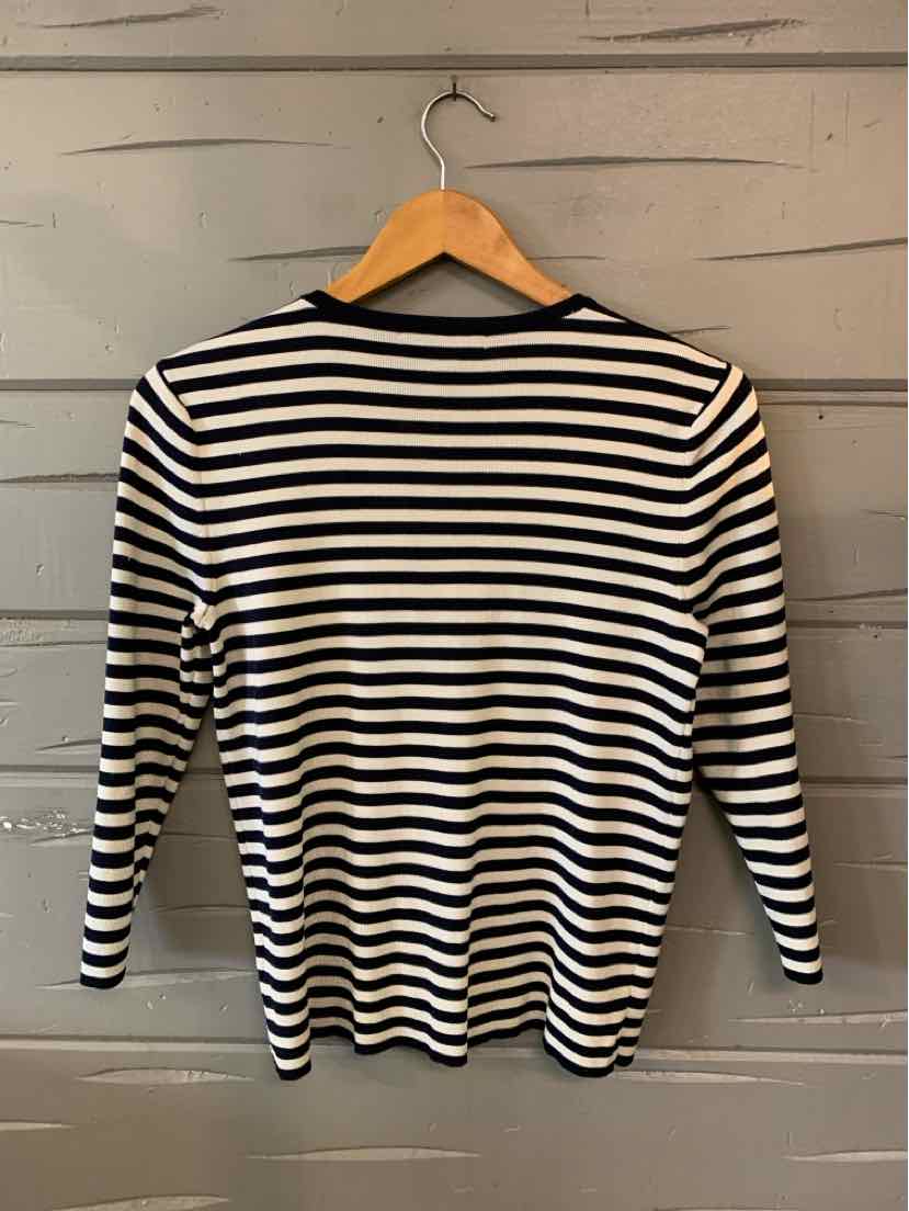 Women's Lauren striped long-sleeve top with black and cream horizontal stripes and a rounded neckline.