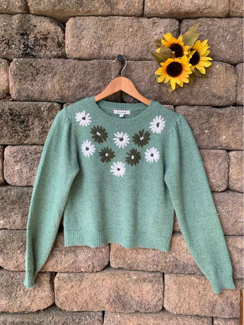Light green knit sweater with white daisy flower embroidery around the neckline, long sleeves, and ribbed cuffs.