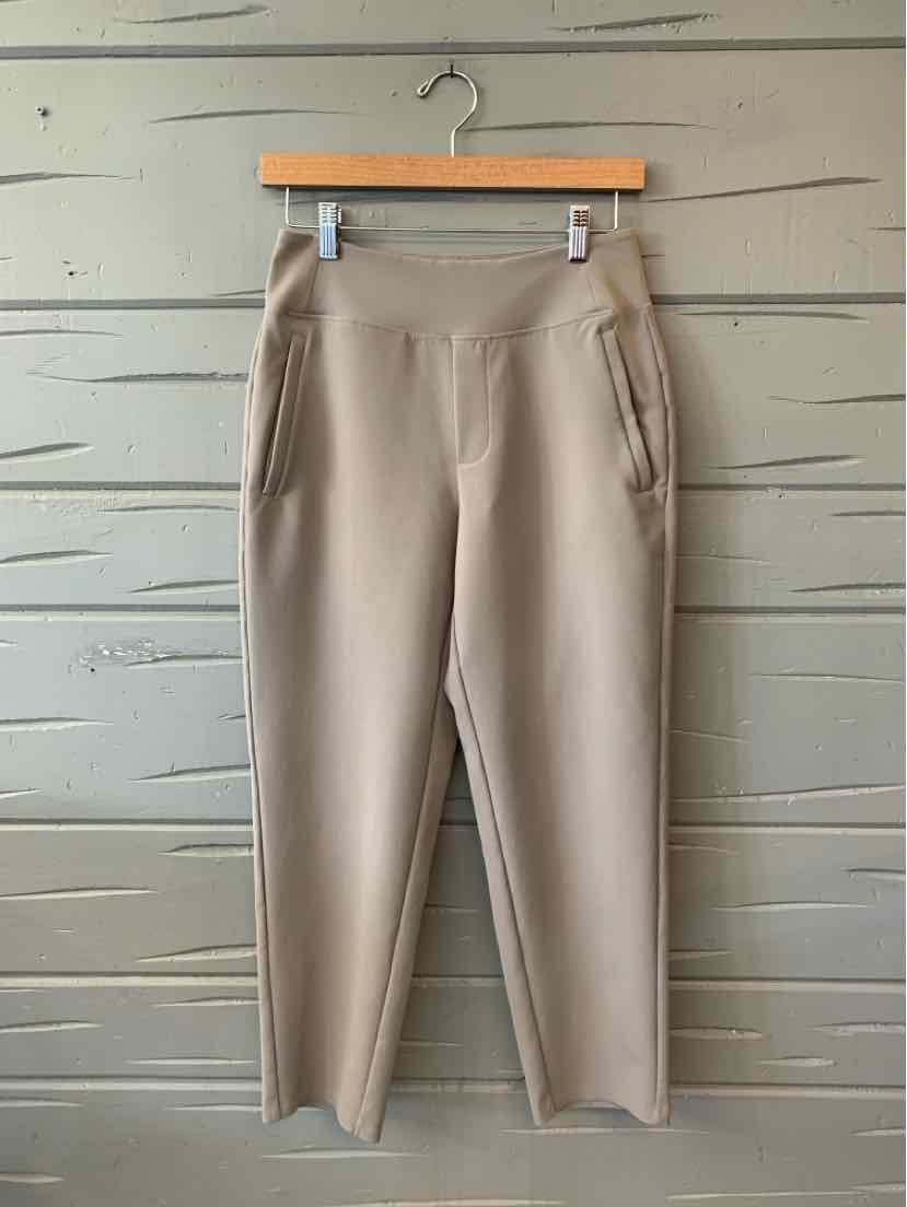 Beige tapered jogger pants with elastic waistband and side zippered pockets, size 2P.