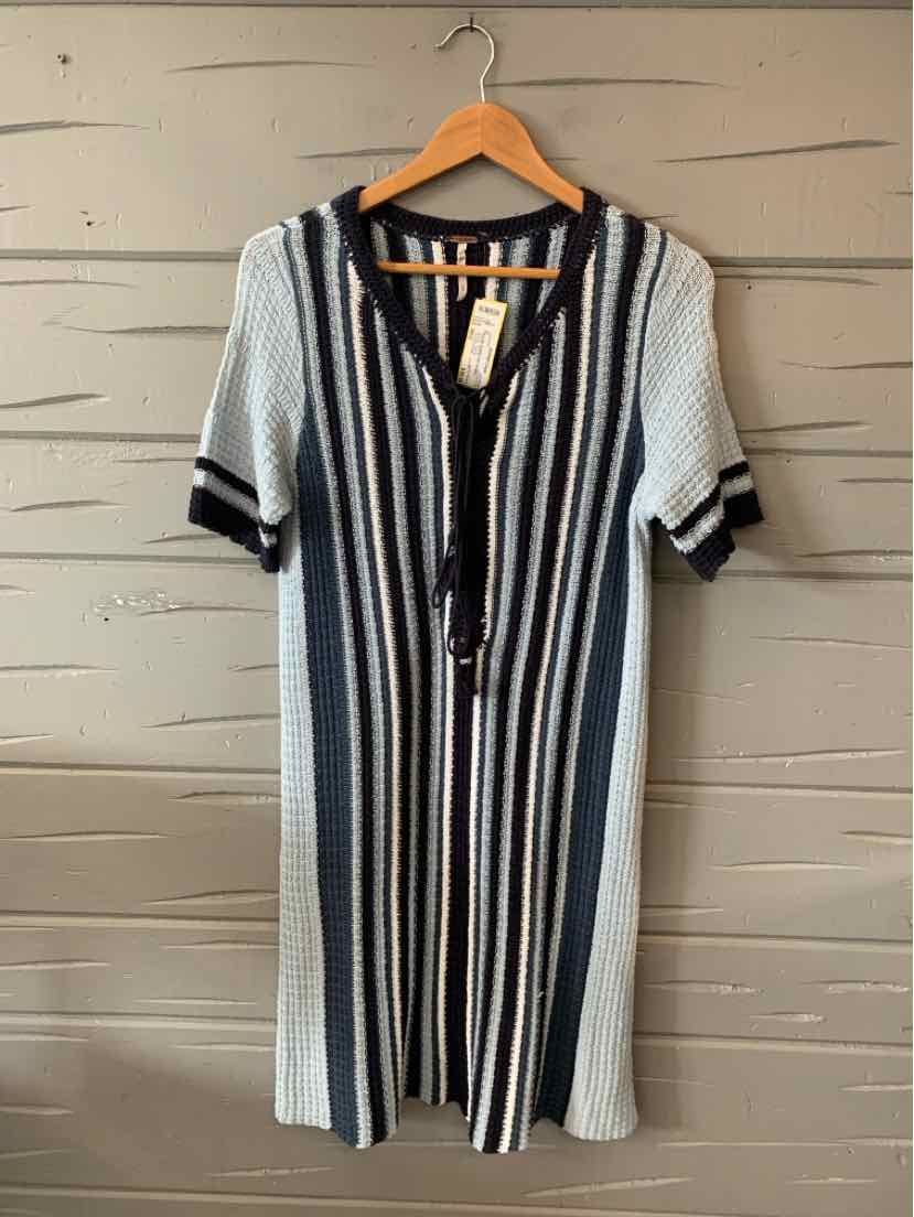 Knit midi dress in light blue with vertical navy and white stripes, short sleeves, V-neck, and button details.