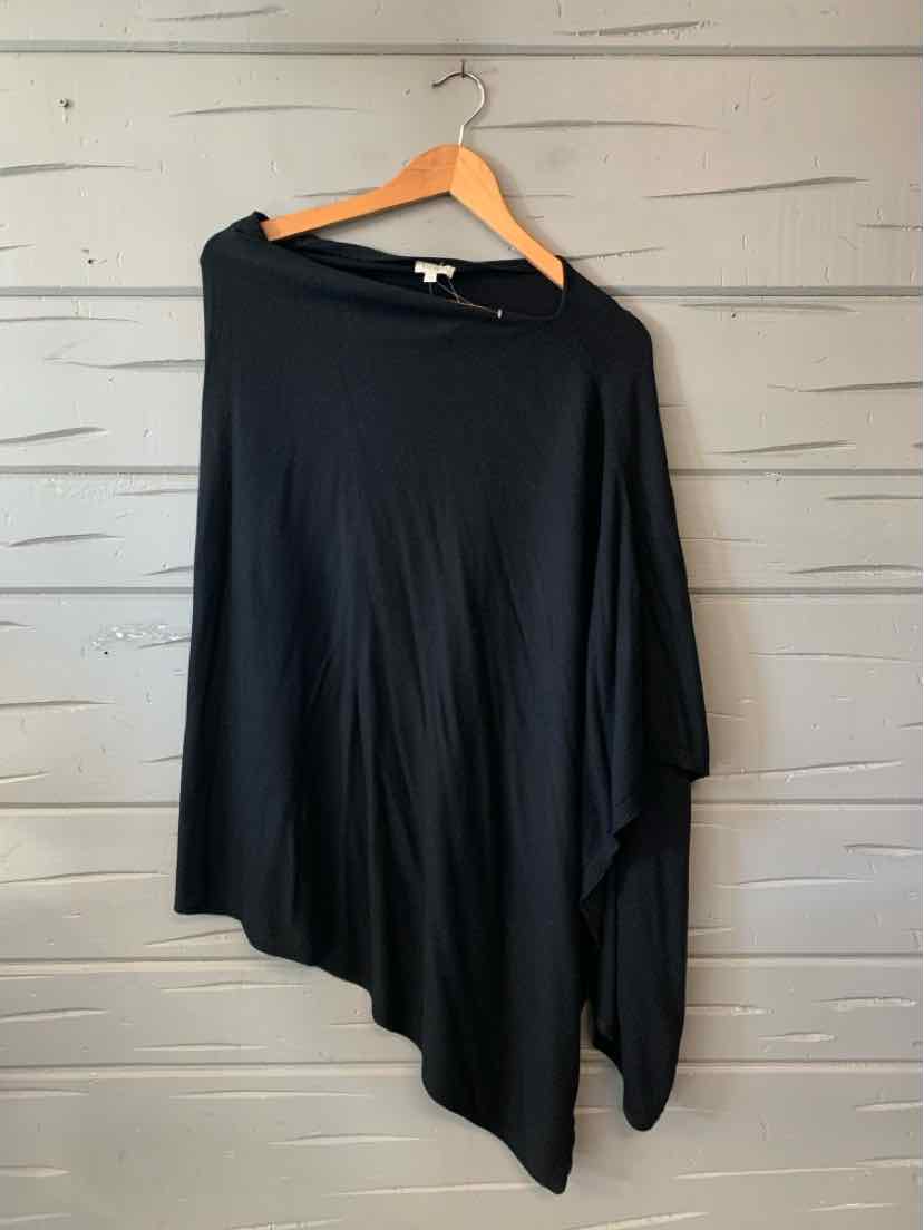 Black asymmetrical poncho with soft draping and a loose fit, size XL/1X.