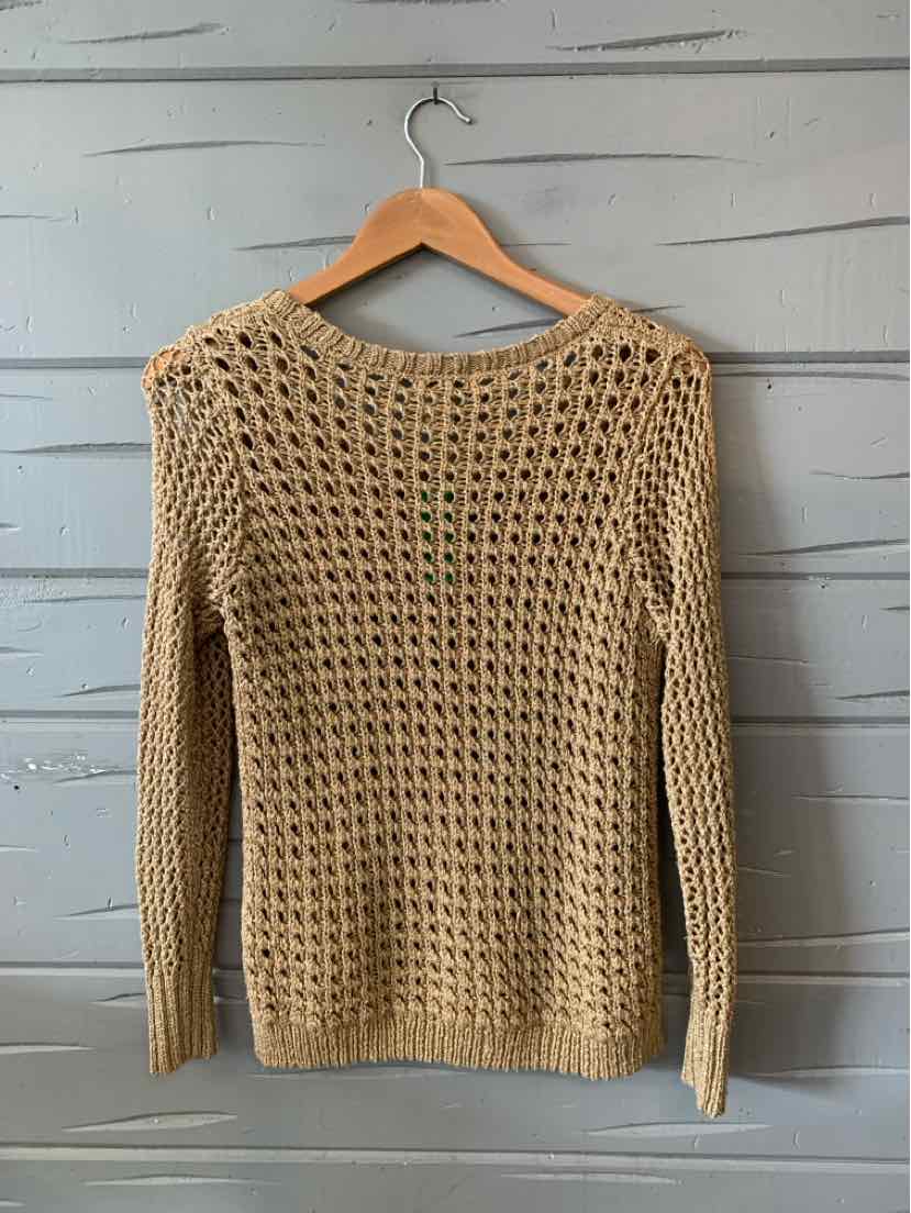Tan knit sweater with open weave pattern, long sleeves, and crew neckline.