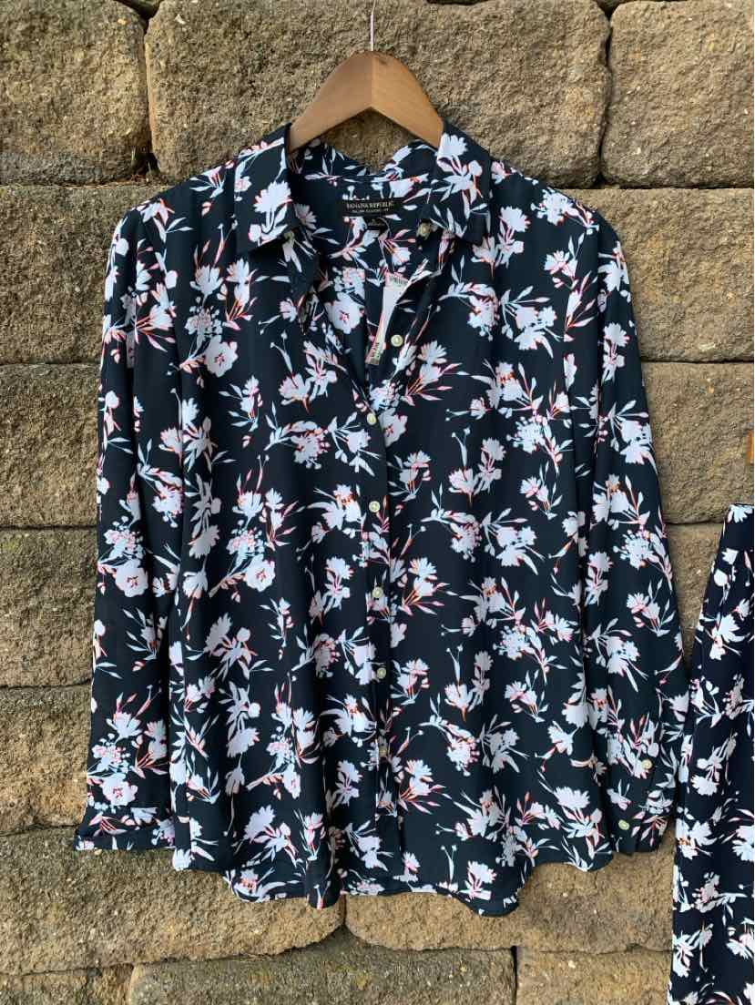 Black floral button-up blouse with pink and white flowers, long sleeves, collar, and relaxed fit.