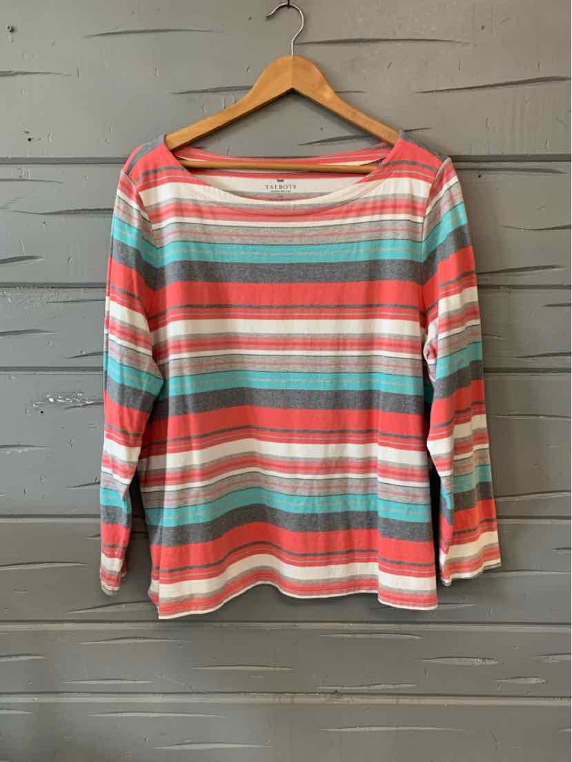 Long-sleeve crew neck shirt with horizontal coral, teal, gray, and white stripes on wooden hanger.
