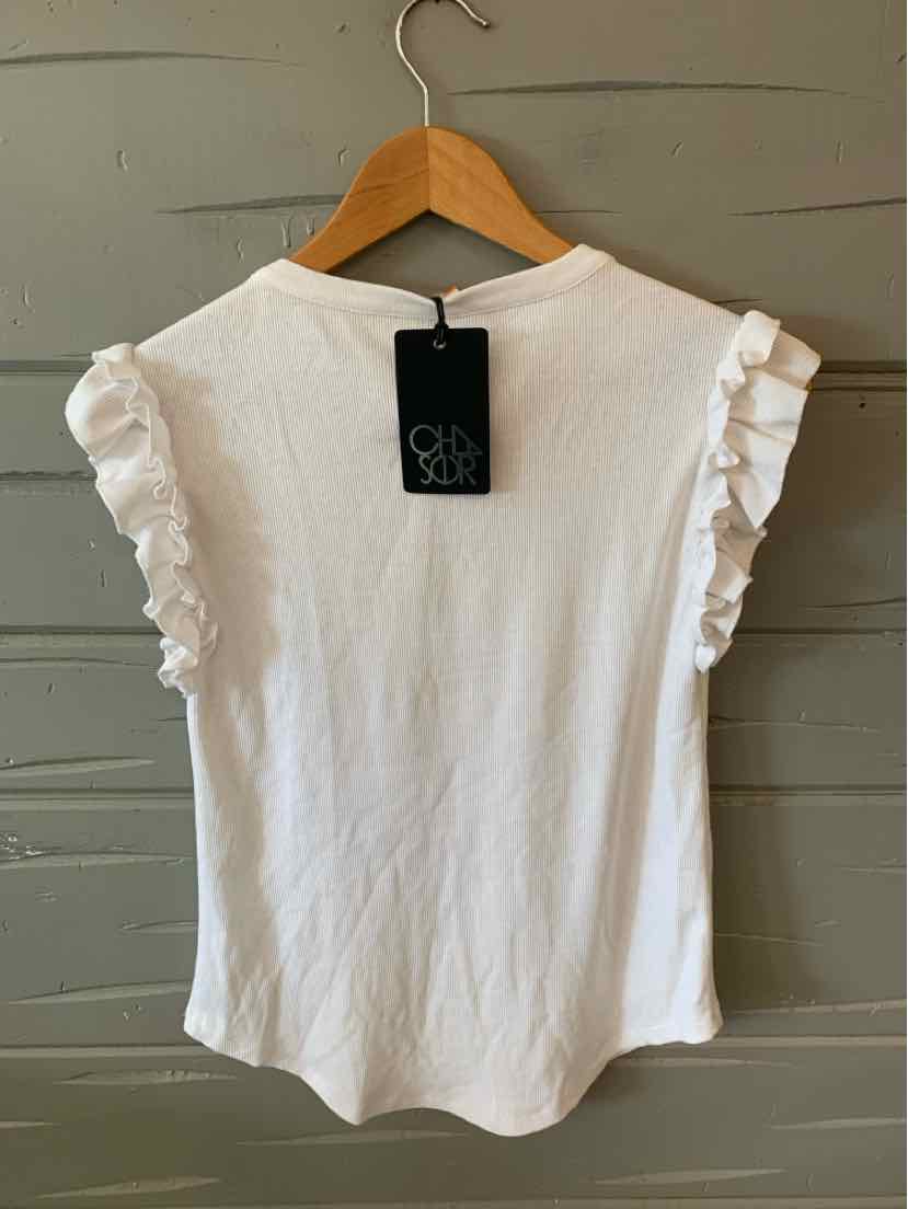 White short-sleeve top with ruffled sleeves and fitted silhouette on wooden hanger.