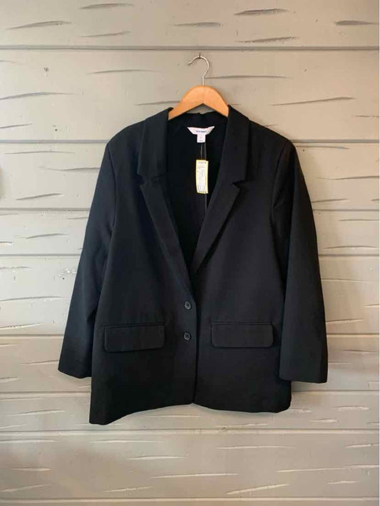 Black tailored blazer with notch lapels, single-button closure, and front flap pockets, size XL.