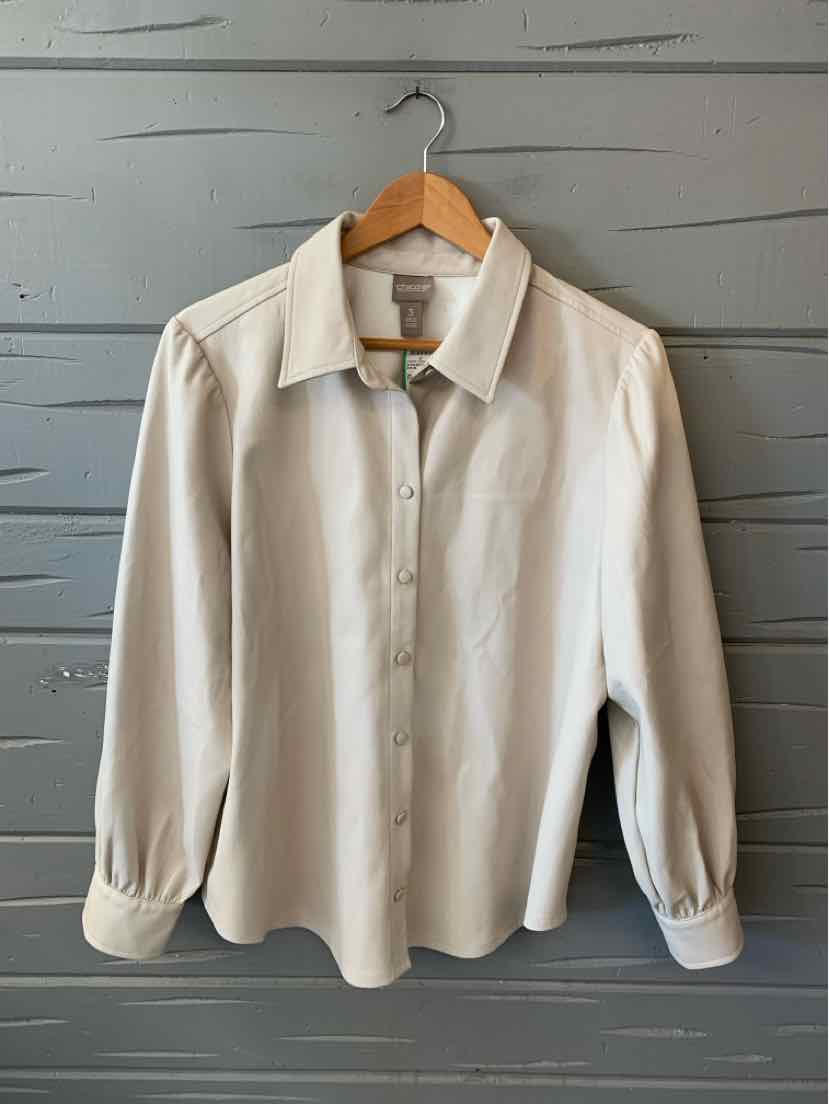Light beige faux leather button-up shirt with long sleeves and a classic collar in size XL.
