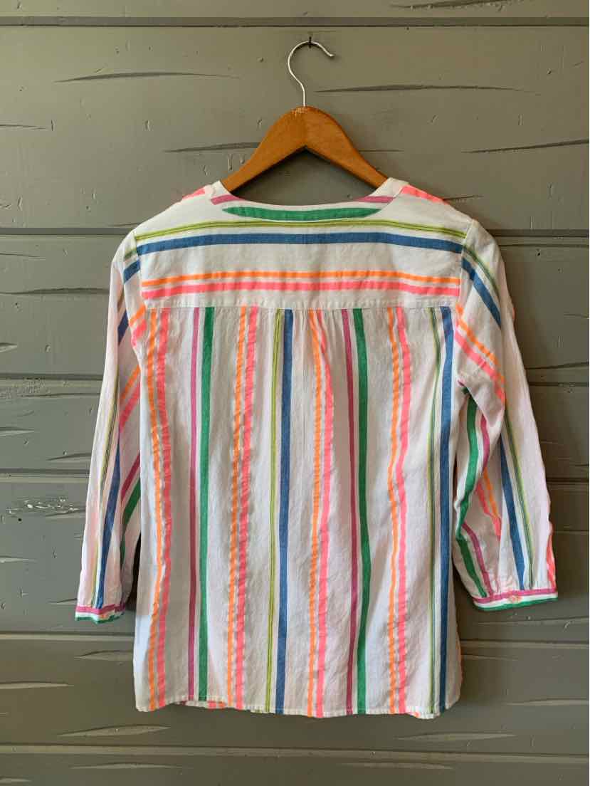 Cotton blouse with vertical multicolor stripes in red, green, blue, and orange, featuring 3/4 sleeves and a relaxed fit.