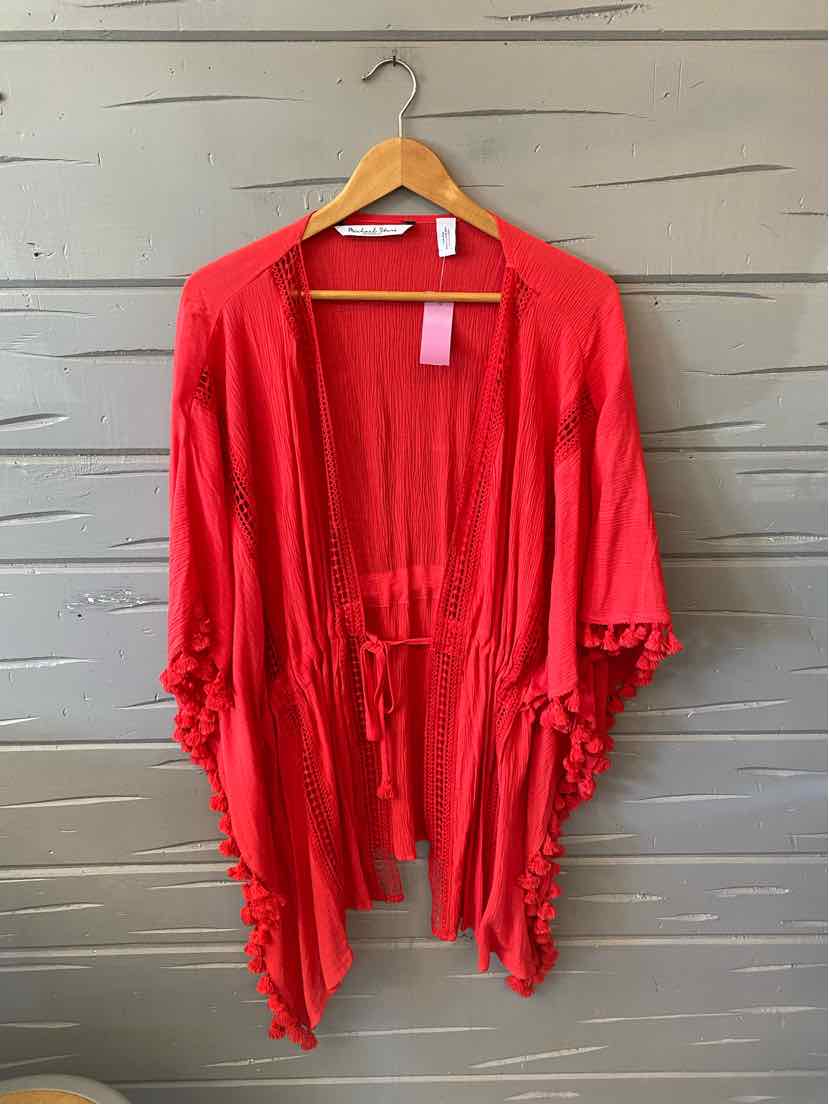 Red open-front cardigan with ruffled trim and drawstring waist, loose fit, lightweight fabric.
