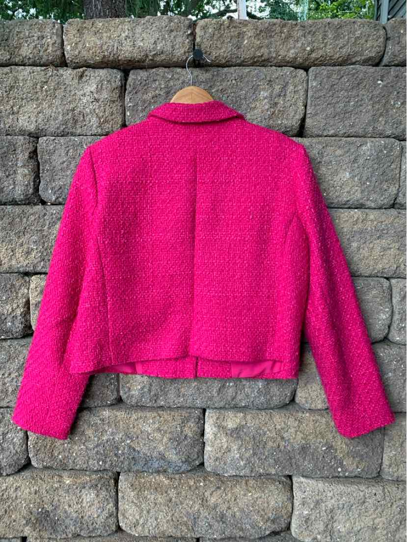 Bright pink tweed blazer with tailored fit and classic collar, size large.