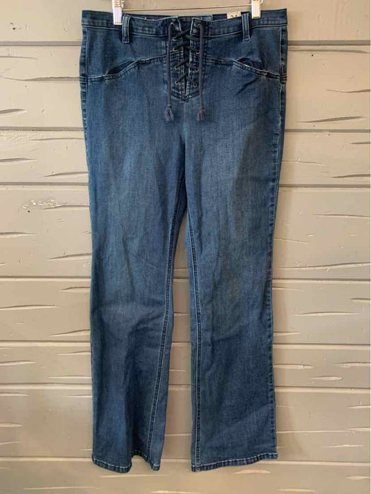 Blue denim jeans size 12 with front lace-up detail and slight flare leg.