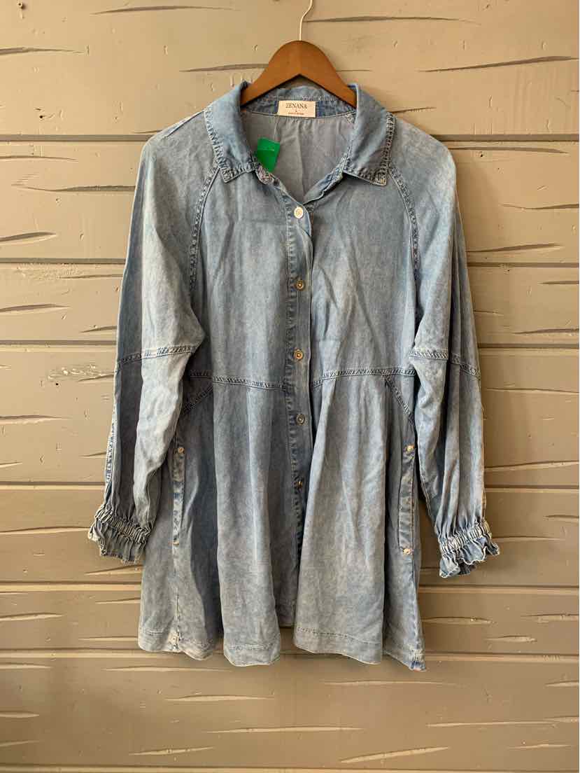 Light blue long-sleeve button-down dress with a gathered waist and ruffled cuffs hanging on wooden hanger.
