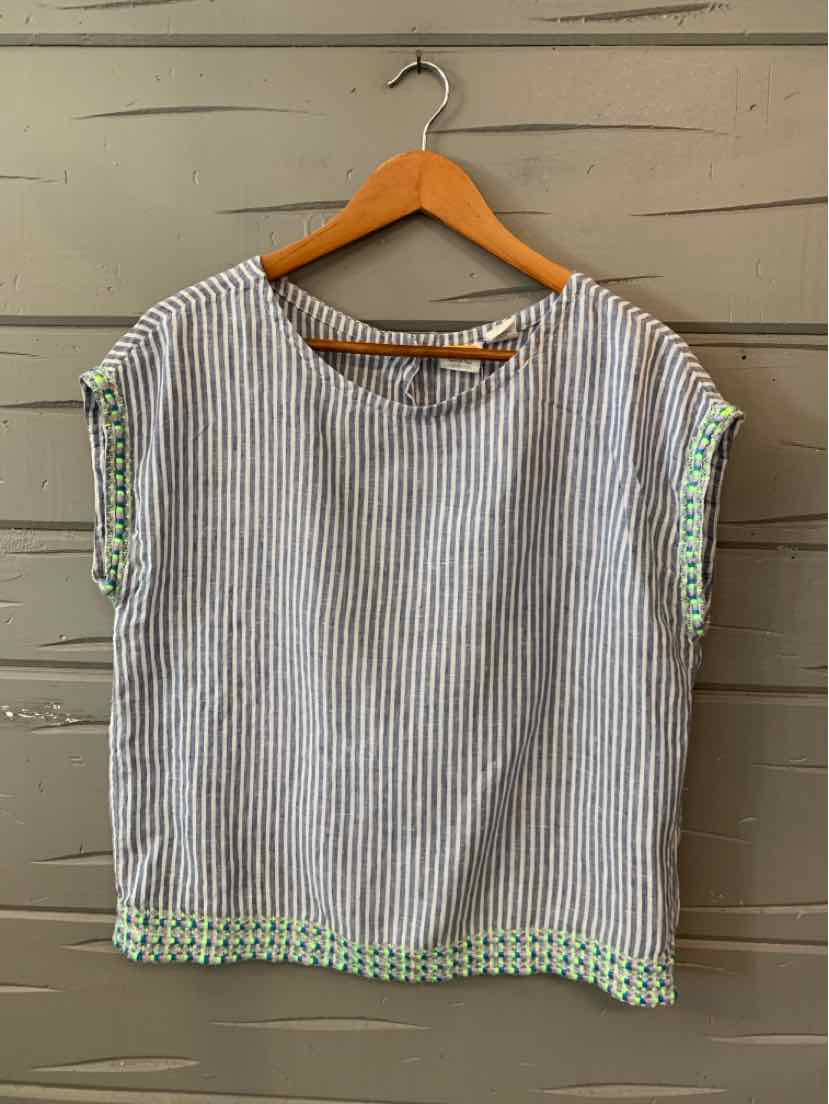 Short-sleeve women's blouse with vertical blue and white stripes and green embroidered trim on cuffs and hem.