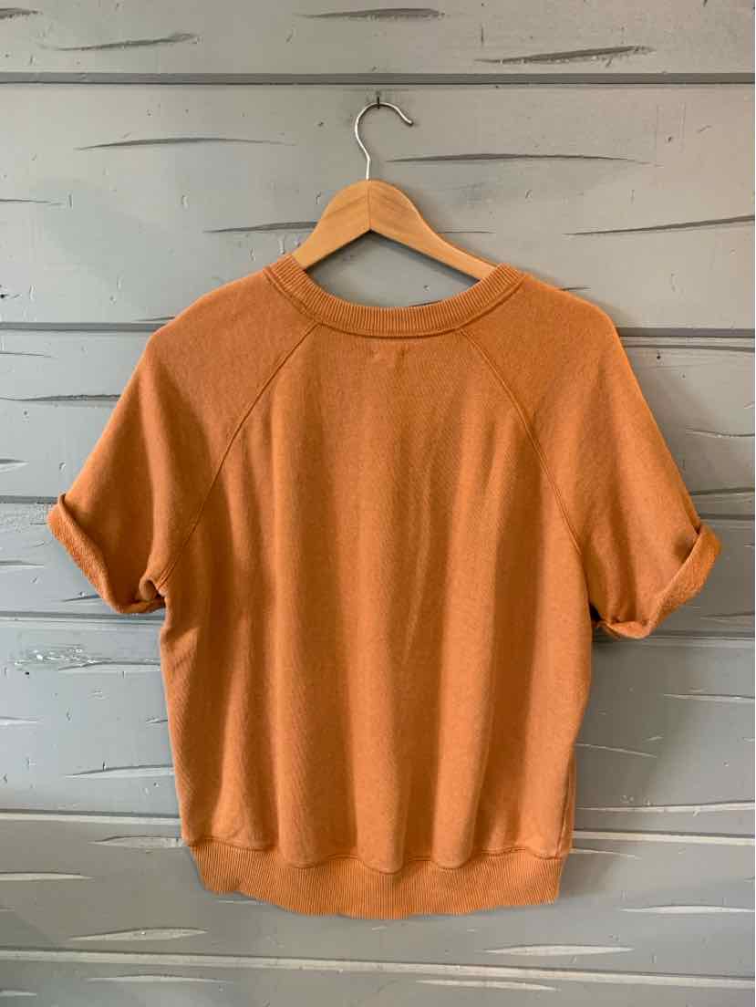 Burnt orange short-sleeve knit top with cuffed sleeves and ribbed hem on wooden hanger.