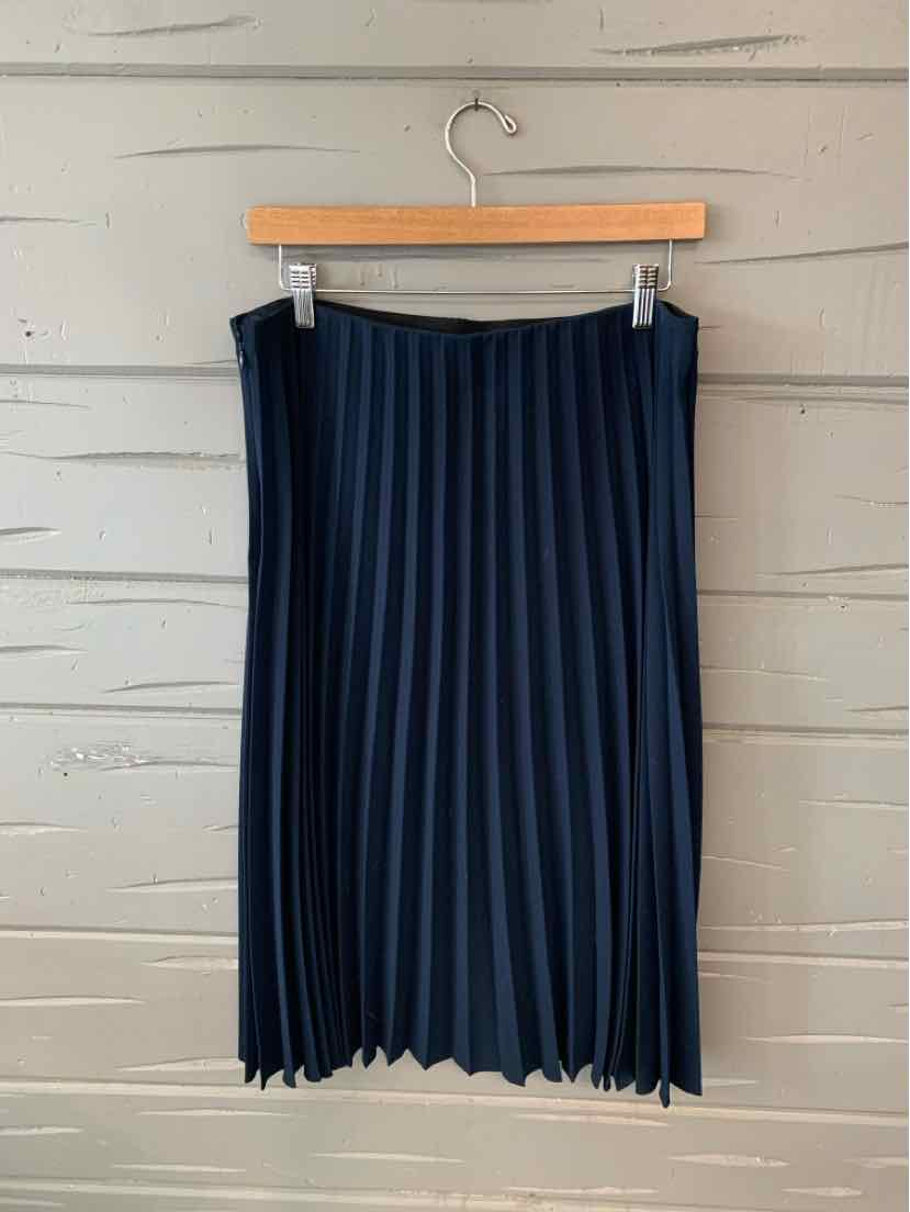 Navy blue pleated midi skirt with a straight waistband hanging on a wooden hanger.