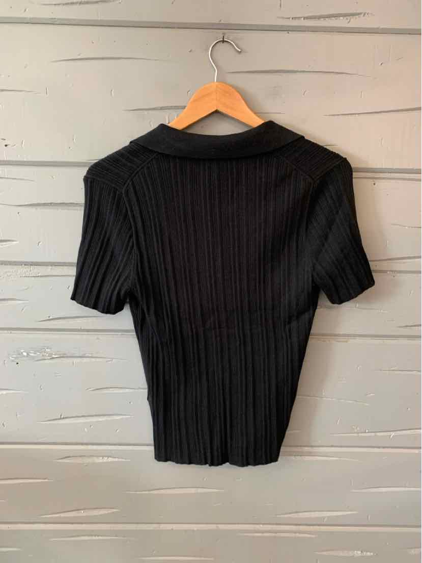 Black ribbed short-sleeve knit top with collar, fitted silhouette, medium size.