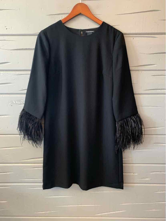 Black knee-length dress with round neckline and 3/4 sleeves featuring feathered cuffs.