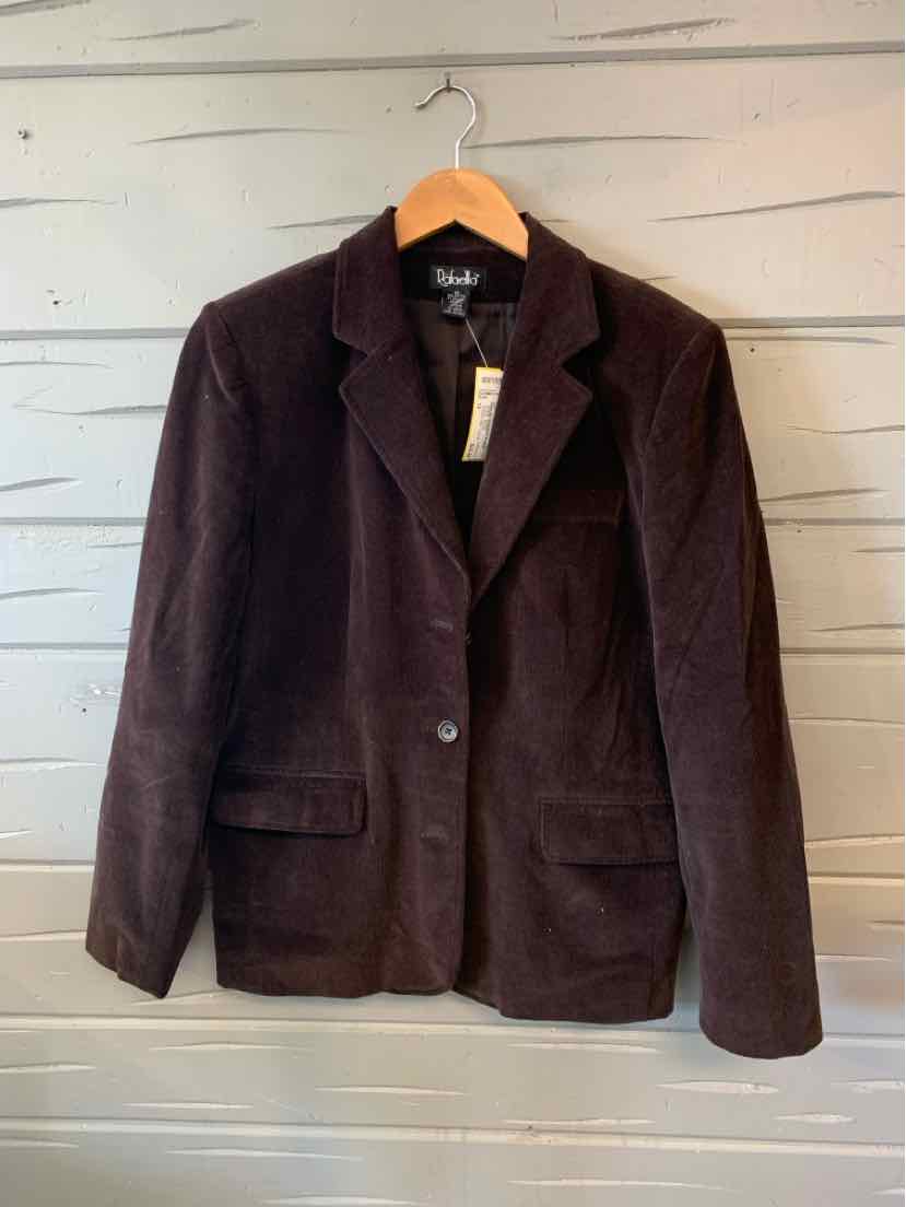 Dark brown corduroy blazer with notch lapels, two front flap pockets, and single-button closure.