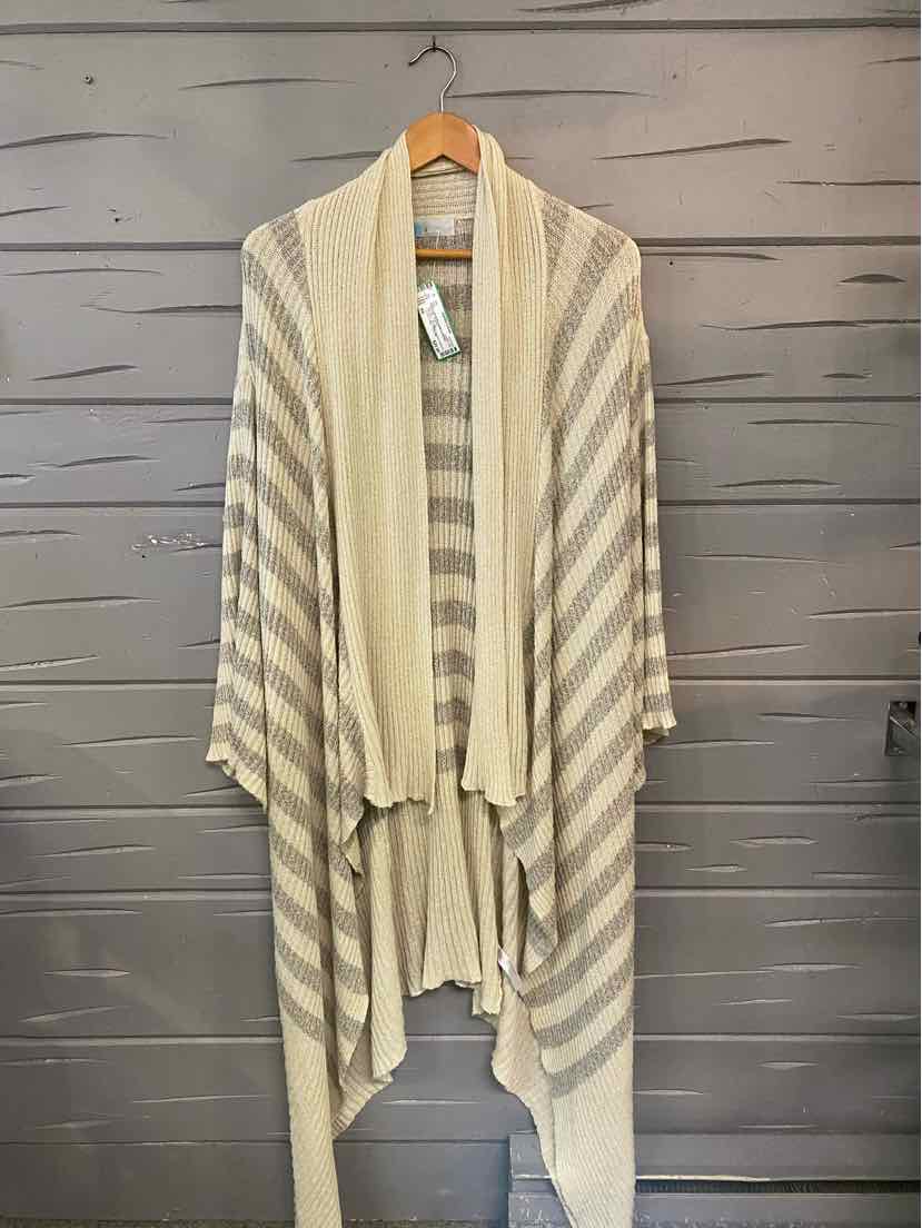 Beige and cream striped lightweight open-front cardigan with draped hem, size XS.