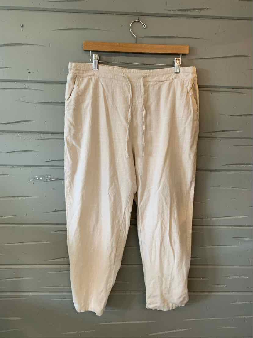 Beige casual pants in size 2XL with an elastic waistband and relaxed fit hanging on wooden hanger.