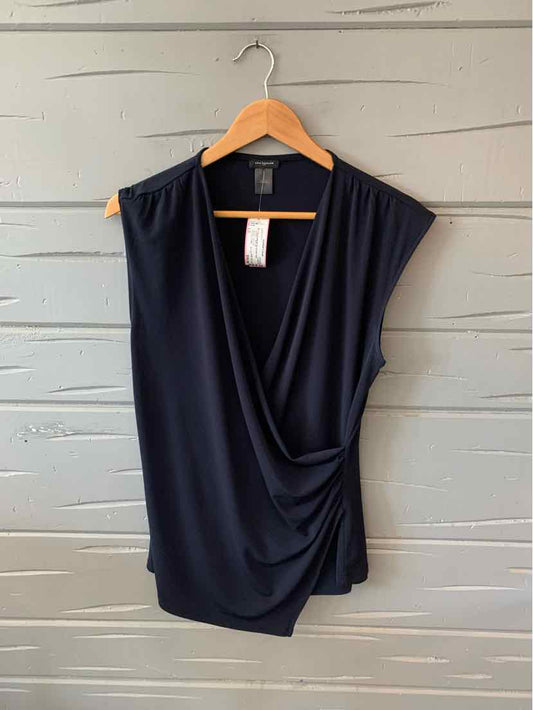 Black sleeveless draped blouse with V-neck and gathered detail on side.