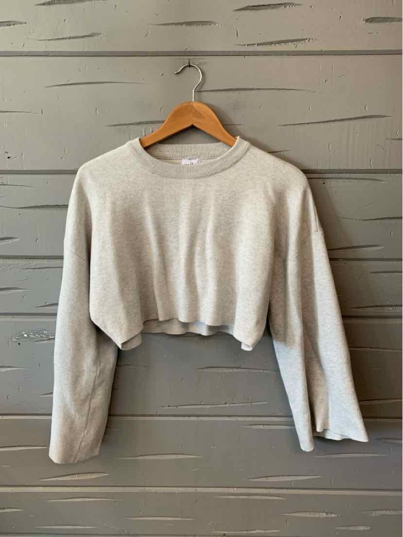 Light gray cropped sweatshirt with long sleeves and a relaxed fit on a wooden hanger.