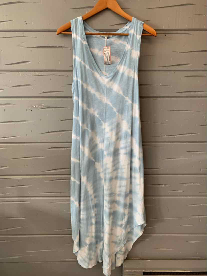 Light blue and white tie-dyed sleeveless midi dress with a scoop neckline and relaxed fit.