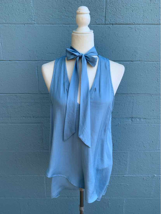Light blue sleeveless blouse with scarf collar tied in a bow, soft flowy fabric, size large.