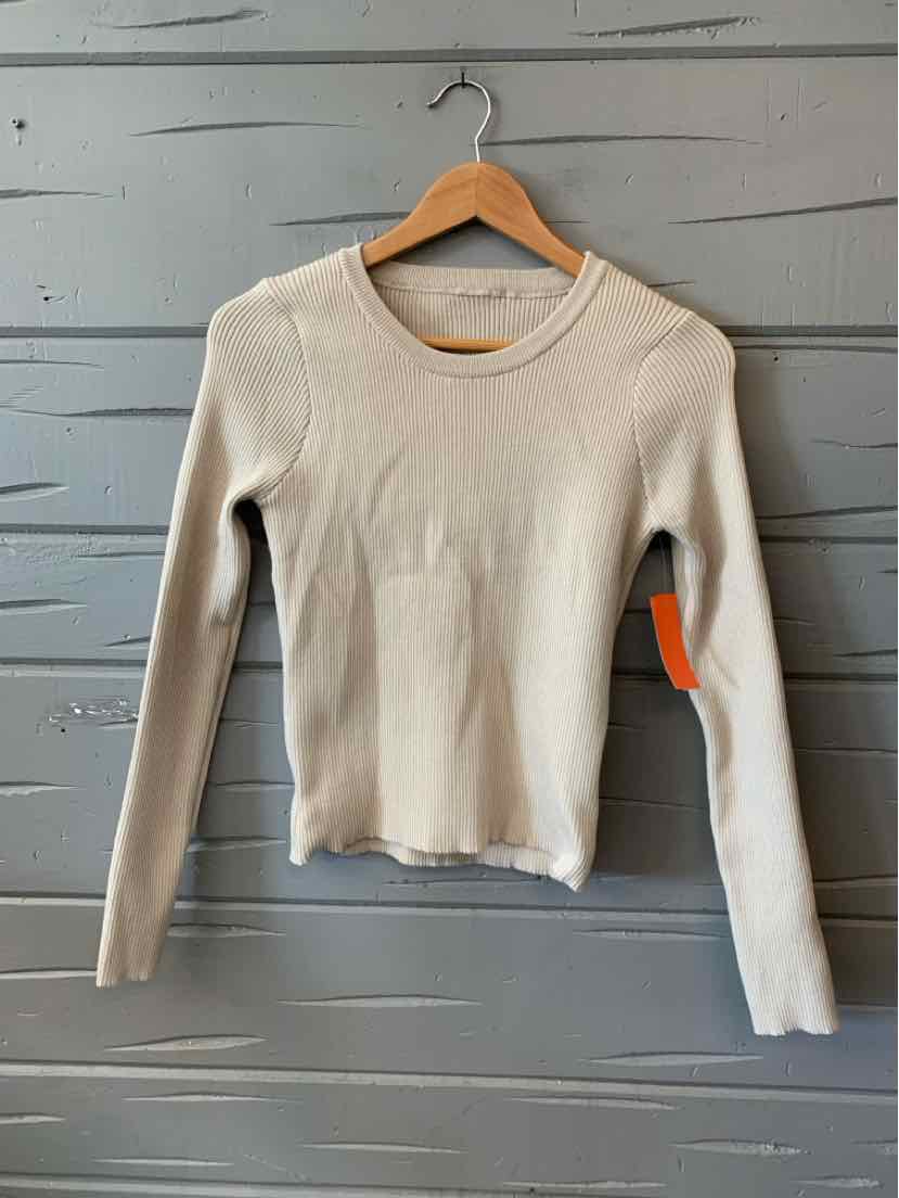 Beige long-sleeve ribbed knit sweater with crew neck, fitted silhouette, medium size.