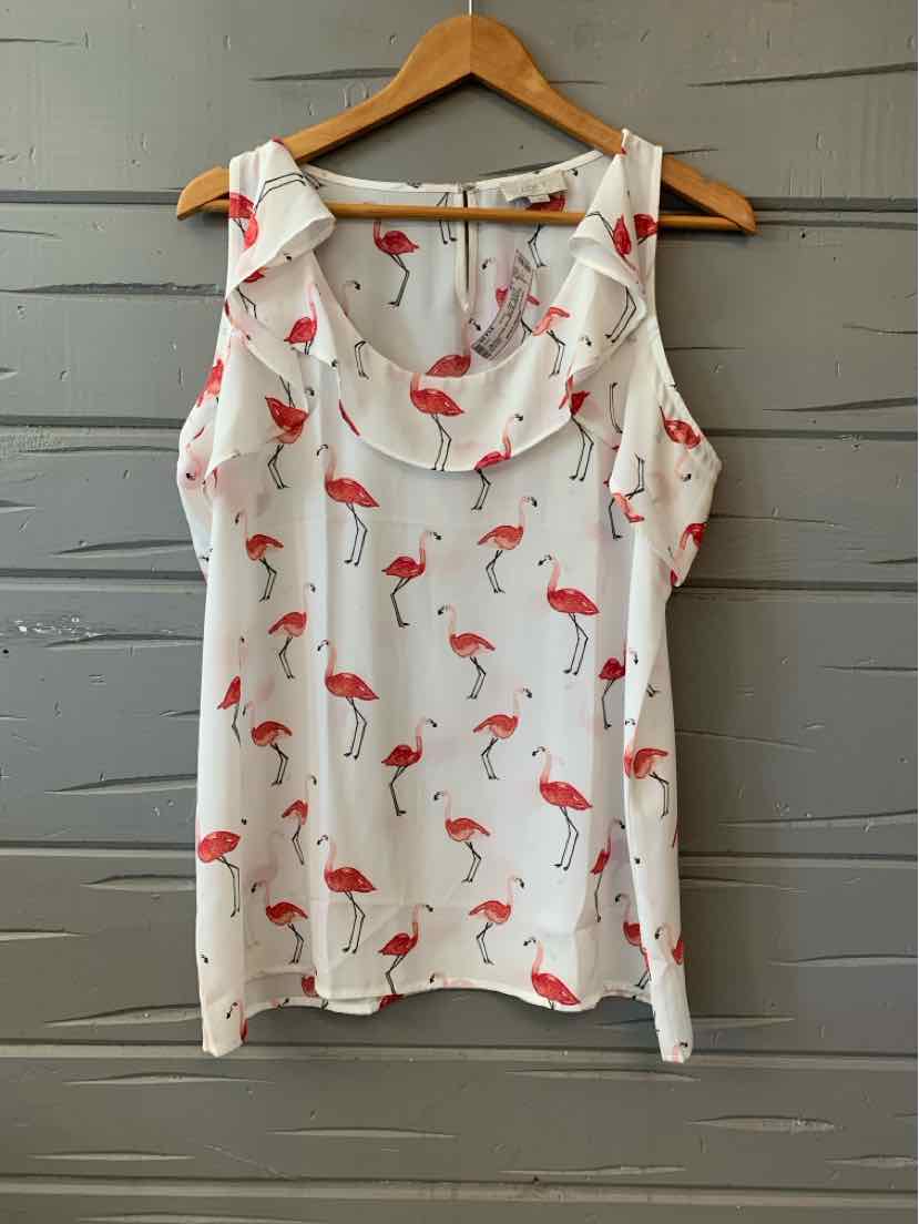 White sleeveless blouse with pink flamingo print and a ruffled neckline, size large.