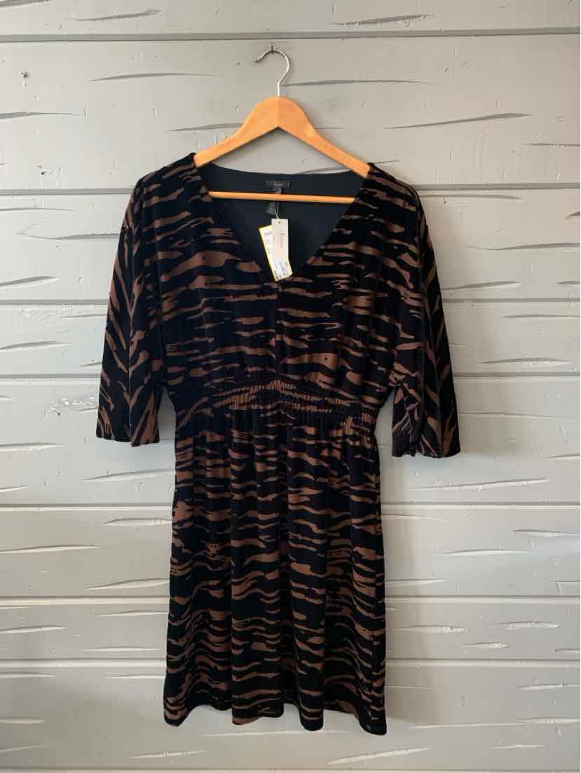 Black and brown zebra print dress with three-quarter sleeves and V-neck, medium size.