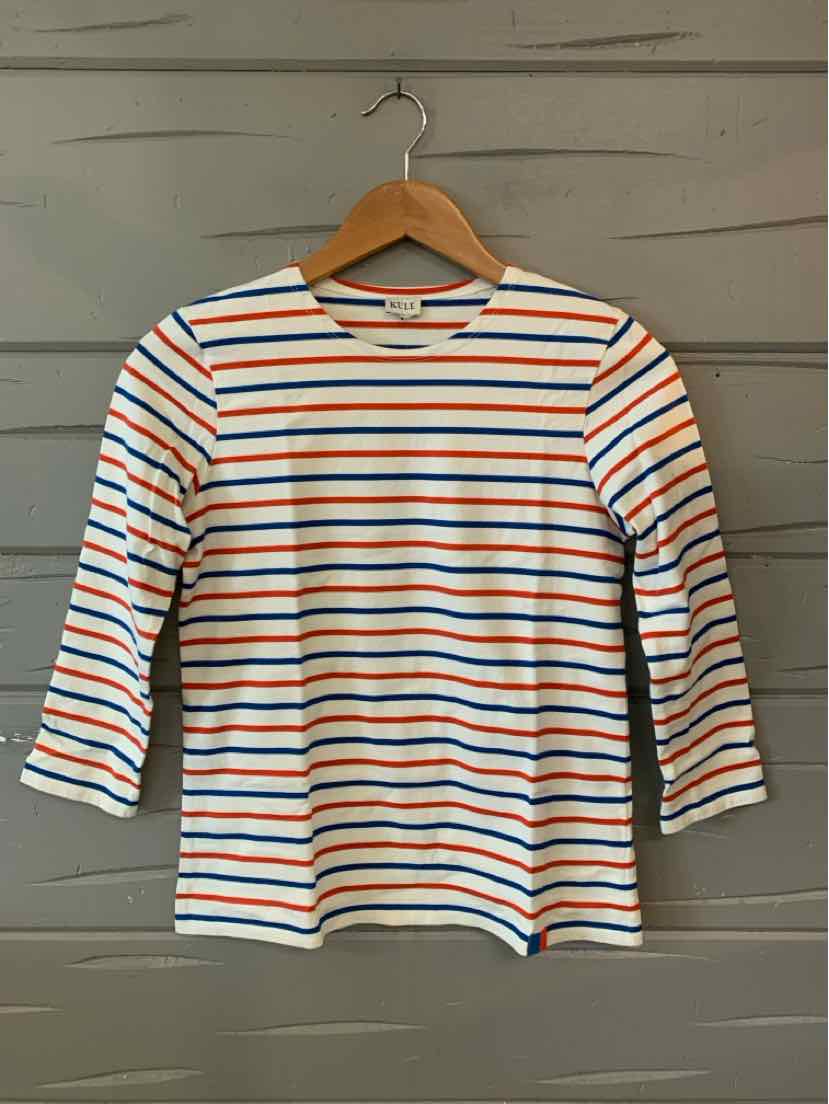 White cotton long-sleeve shirt with horizontal navy, orange, and light blue stripes and a crew neckline.