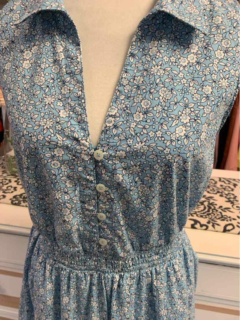 Blue floral button-up dress with collar and gathered waist in size 10.